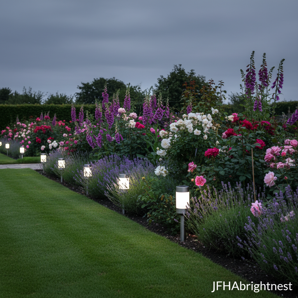 Rowan solar LED garden stake lights along herbaceous border with foxgloves and roses in UK garden at dusk with JFHAbrightnest branding