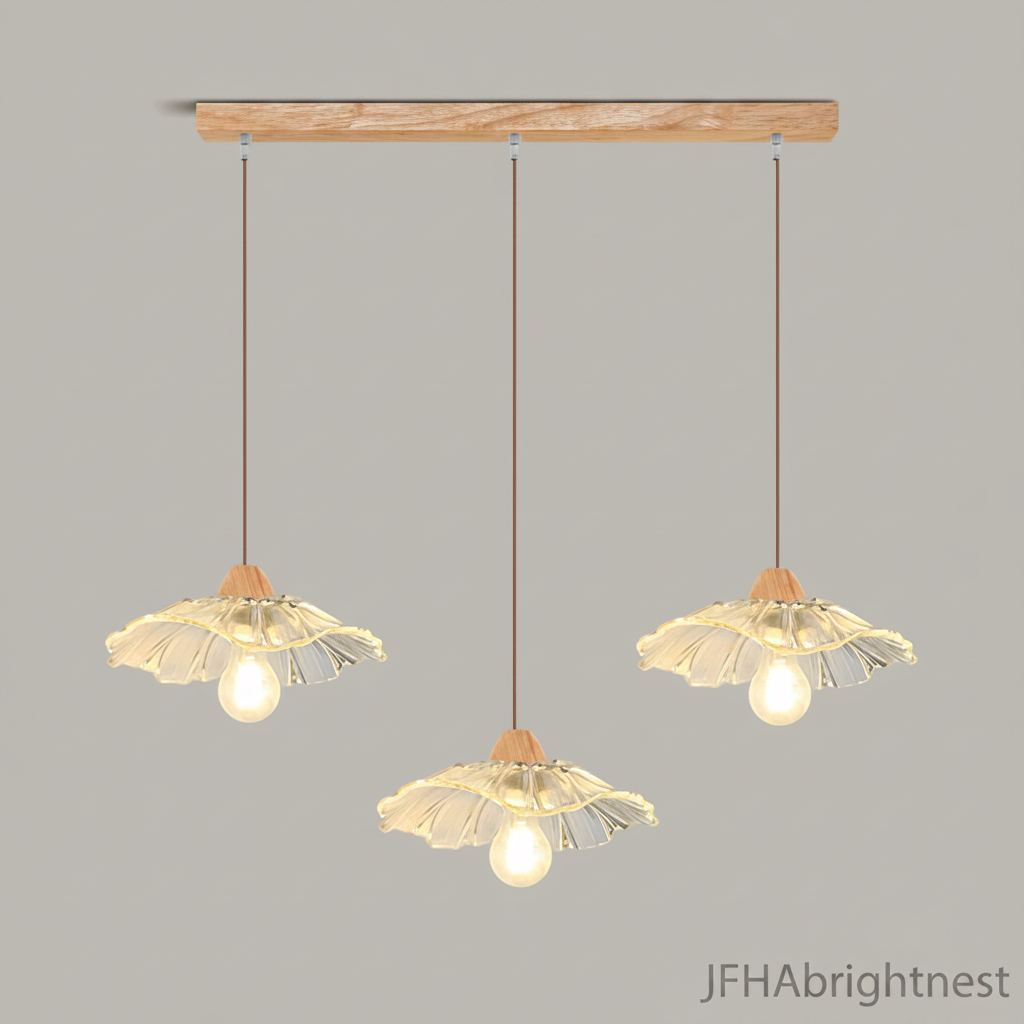 Natural wood 3-light flower pendant light with clear glass shades