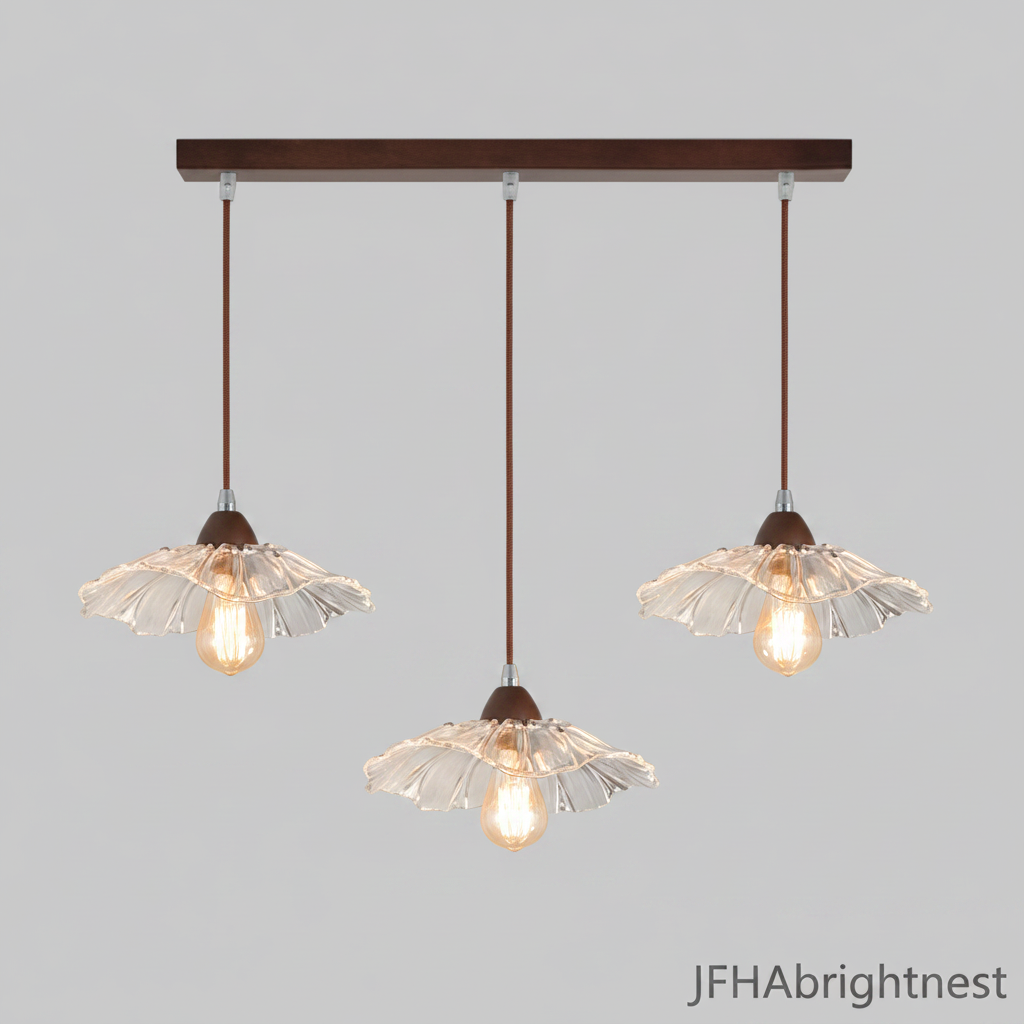 Dark walnut 3-light flower pendant light with clear glass shades