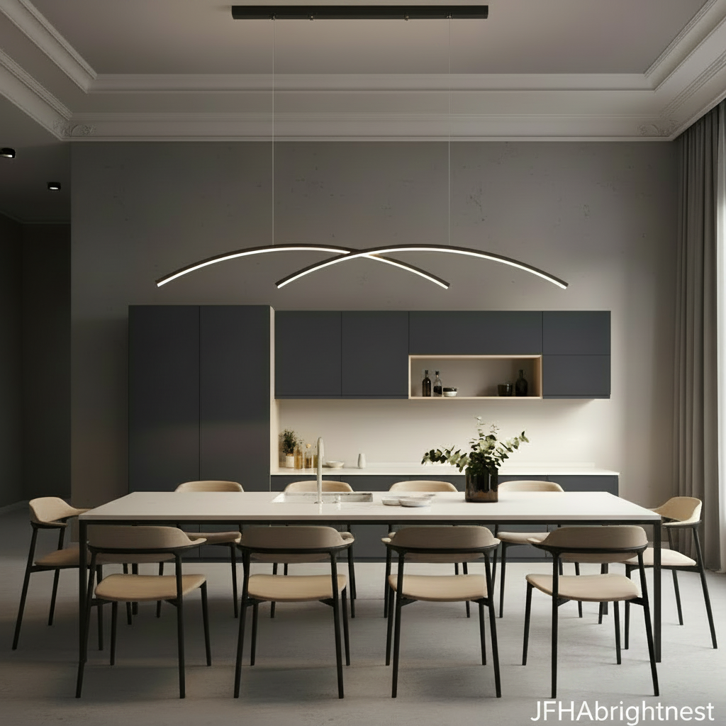 Matte black linear arc pendant light over a modern minimalist dining room with white oak table