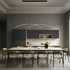 Matte black linear arc pendant light over a modern minimalist dining room with white oak table