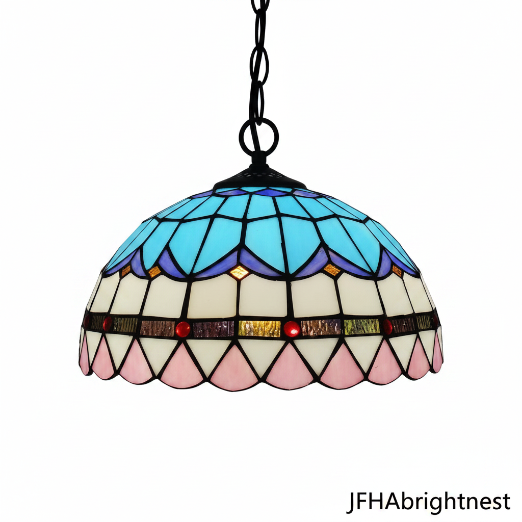 Pink and blue Tiffany stained glass dome pendant light – clean white background product photo