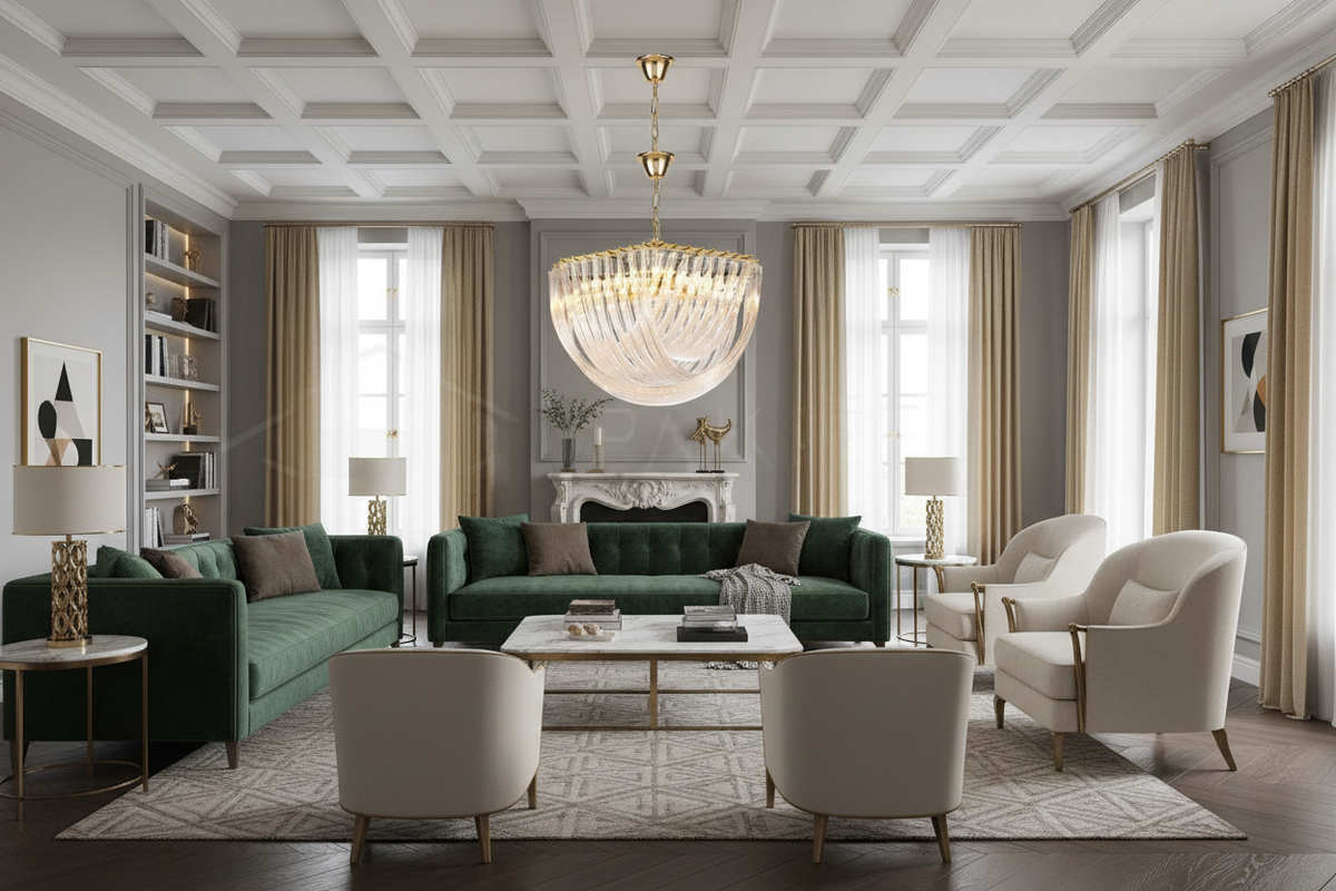 Solene chandelier, 65cm diameter, above a living room seating area