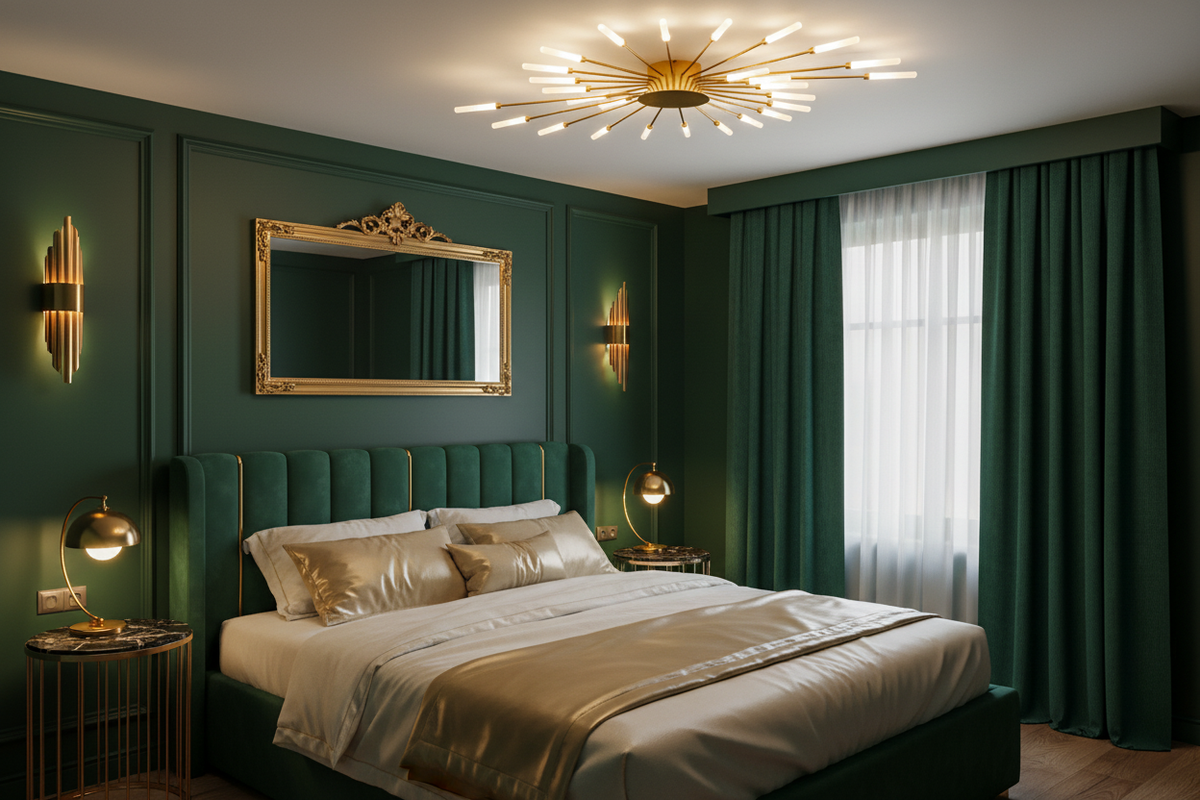 Wesley Fireworks gold ceiling light in a glamorous Art Deco bedroom with emerald walls and brass fixtures