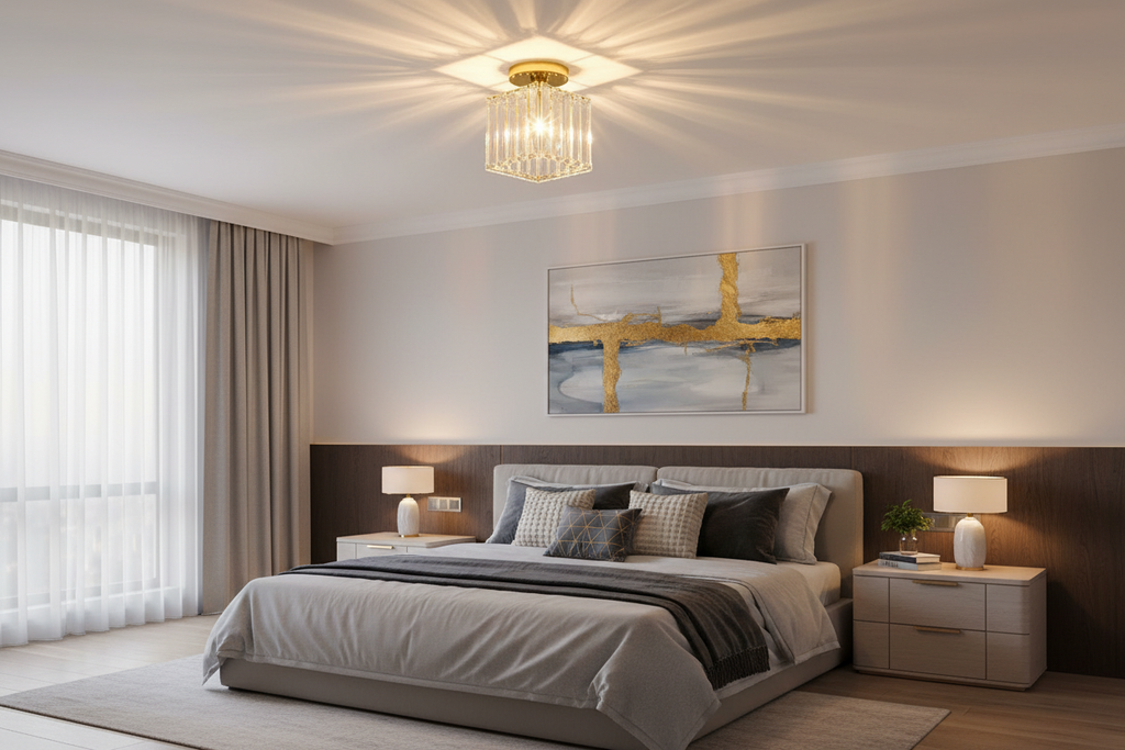 Square gold acrylic flush mount ceiling light in a modern bedroom
