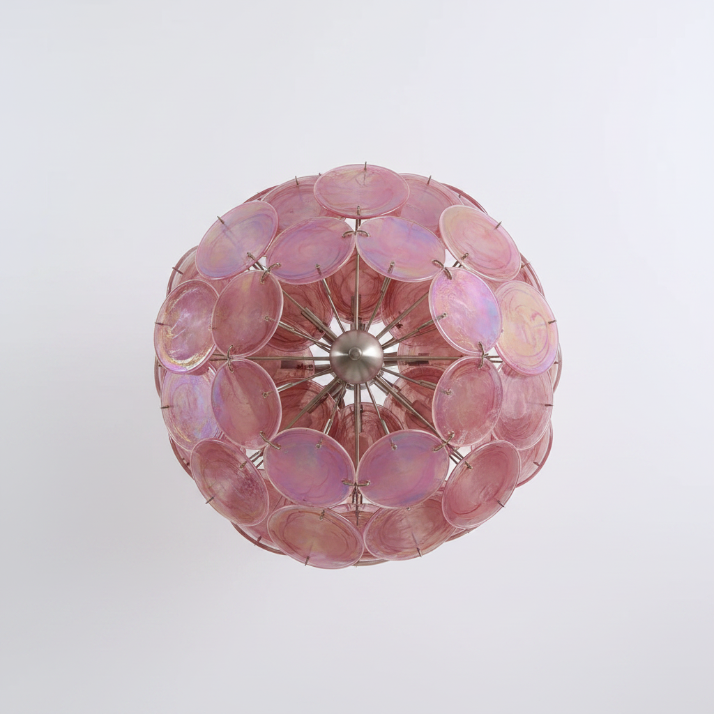 Pink glass disc chandelier top-down overhead view
