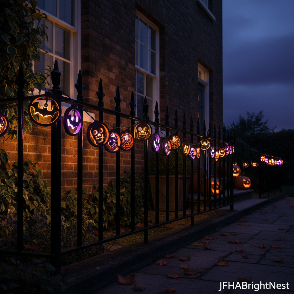 Skeleton Halloween LED string lights outdoors on a UK house garden railing and window, multi-colour glow on brick – JFHABrightNest