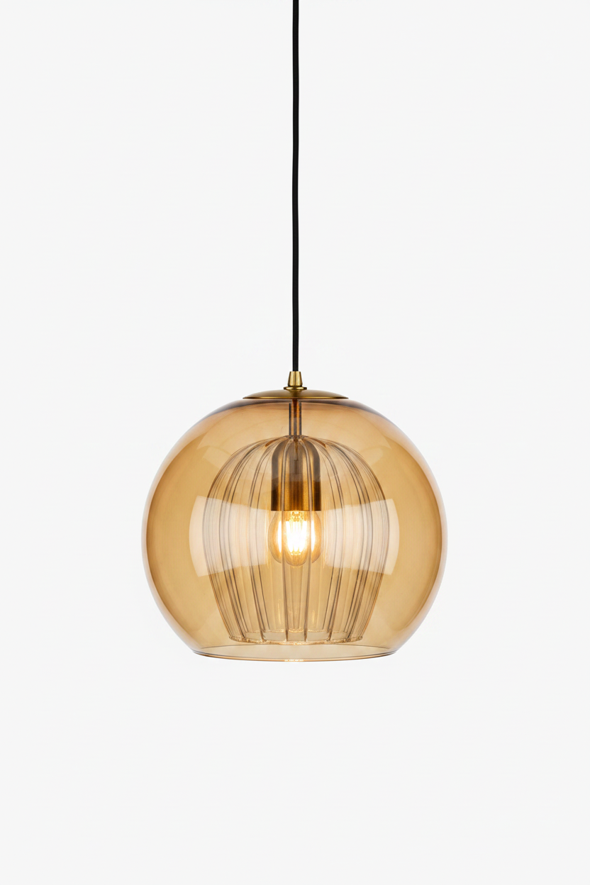 June amber glass globe pendant light with brass hardware