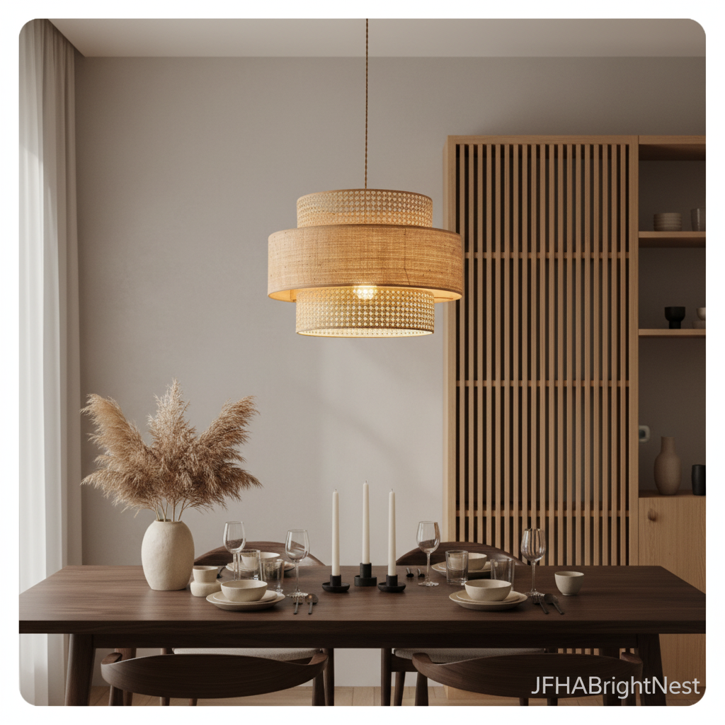 Woven rattan pendant light lit with a warm bulb over a dining table