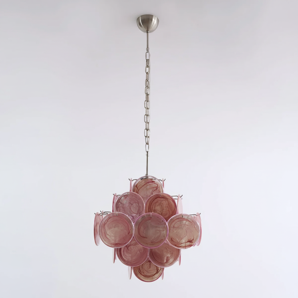 Pink glass disc chandelier front view