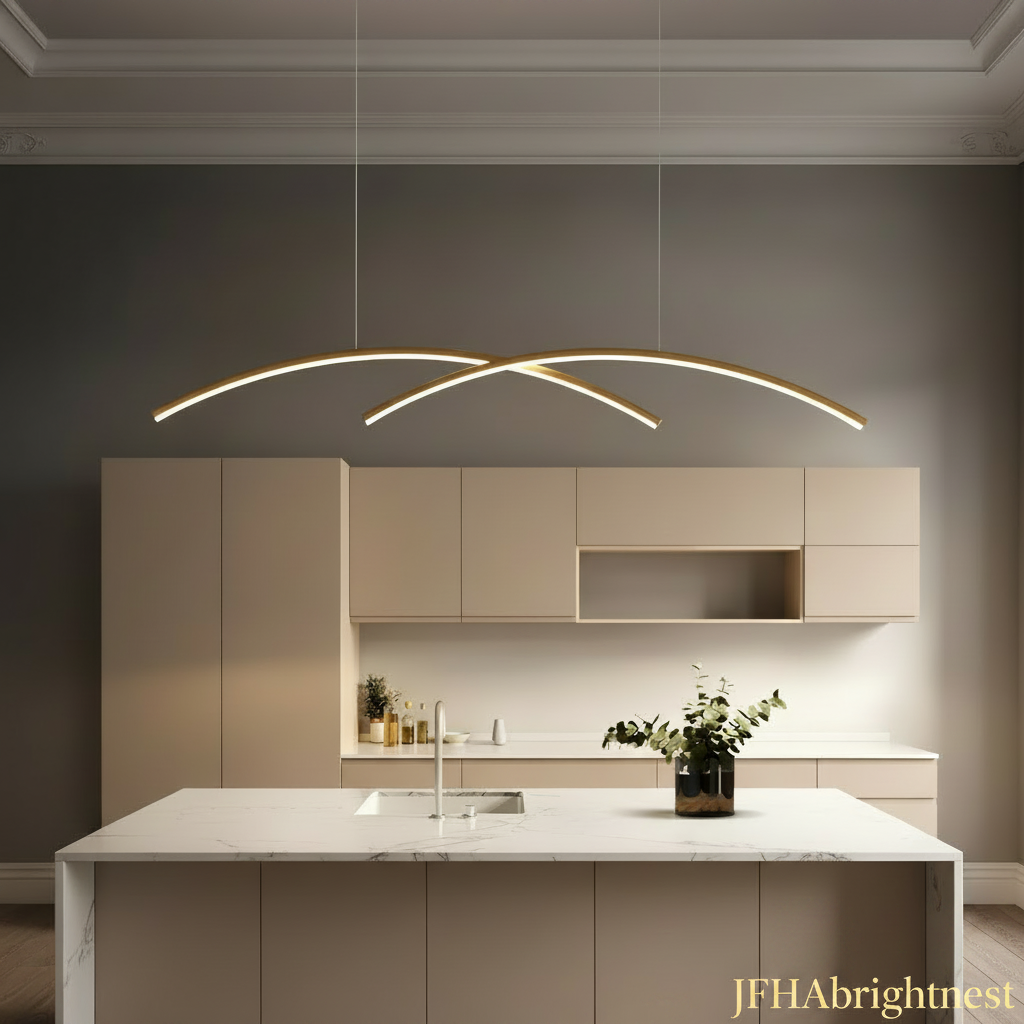 Brushed gold linear arc pendant light over a minimalist kitchen island with warm beige cabinetry