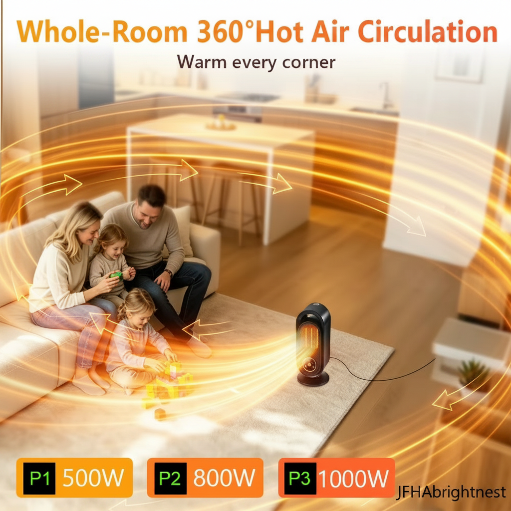 Whole-room 360° hot air circulation infographic with family living room scene, P1 500W / P2 800W / P3 1000W power levels – JFHAbrightnest branding