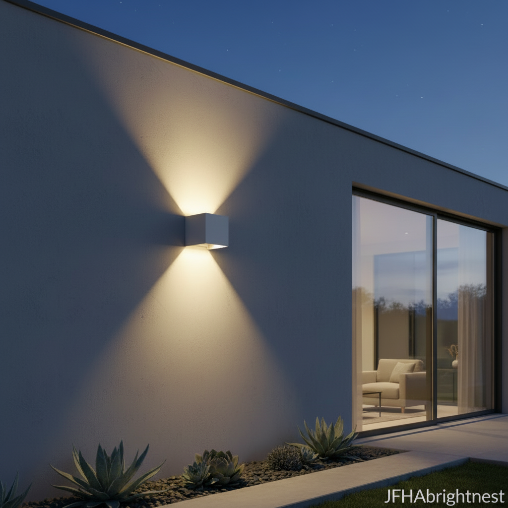 White Norvik outdoor wall light lit at night showing twin up and down beams