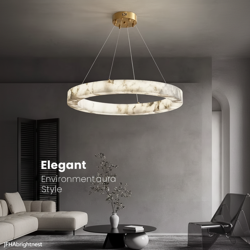 Marble ring pendant light in a modern living room