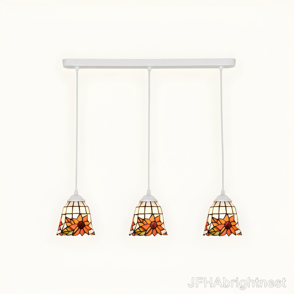 3-light Tiffany stained glass cluster pendant white frame with orange sunflower shade and linear canopy