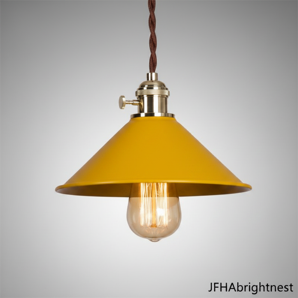 Yellow industrial cone pendant light with adjustable rope drop - JFHA BrightNest
