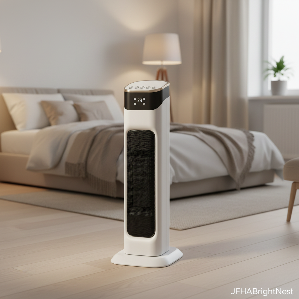 Pyra Electric Tower Heater in a bedroom