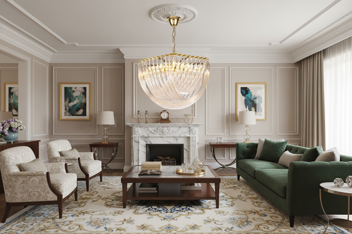 Solene chandelier, 50cm diameter, in an elegant living room