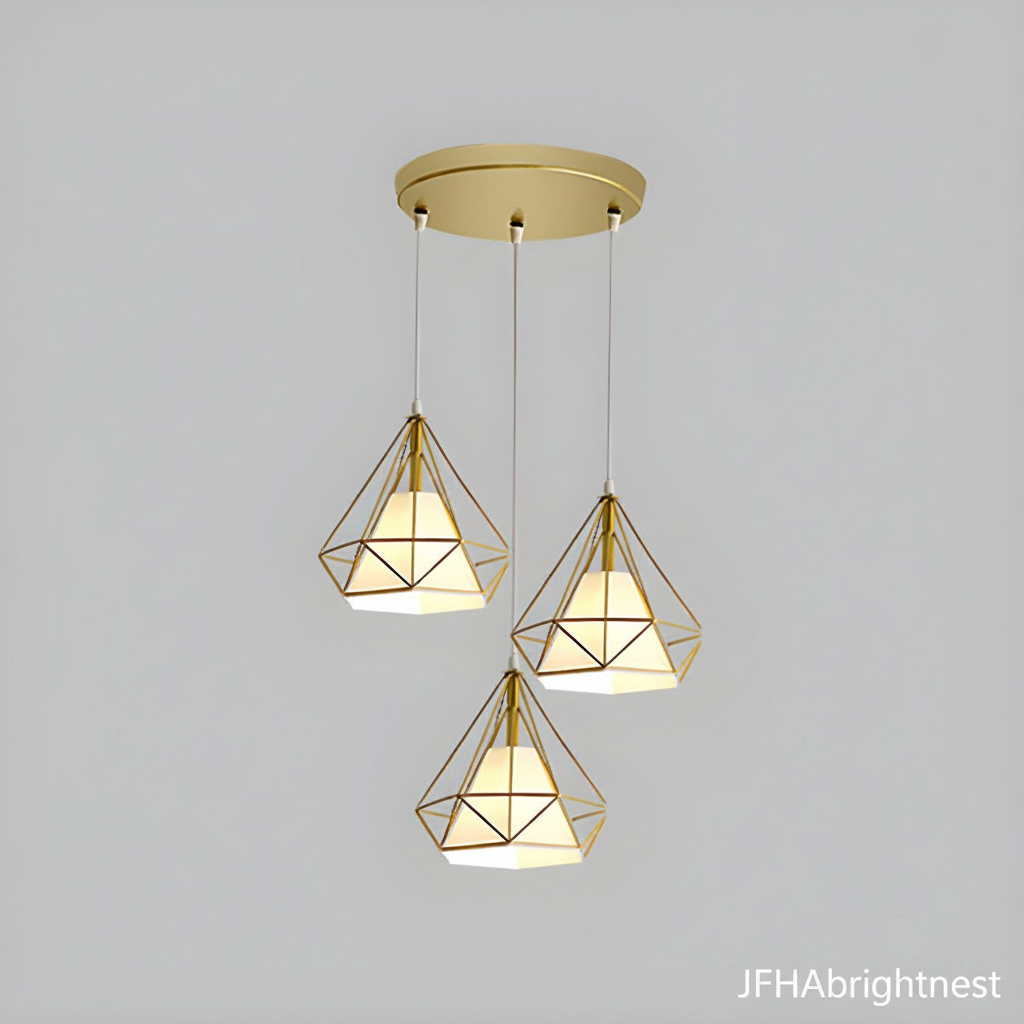 3-light gold diamond cage pendant with round canopy on grey background