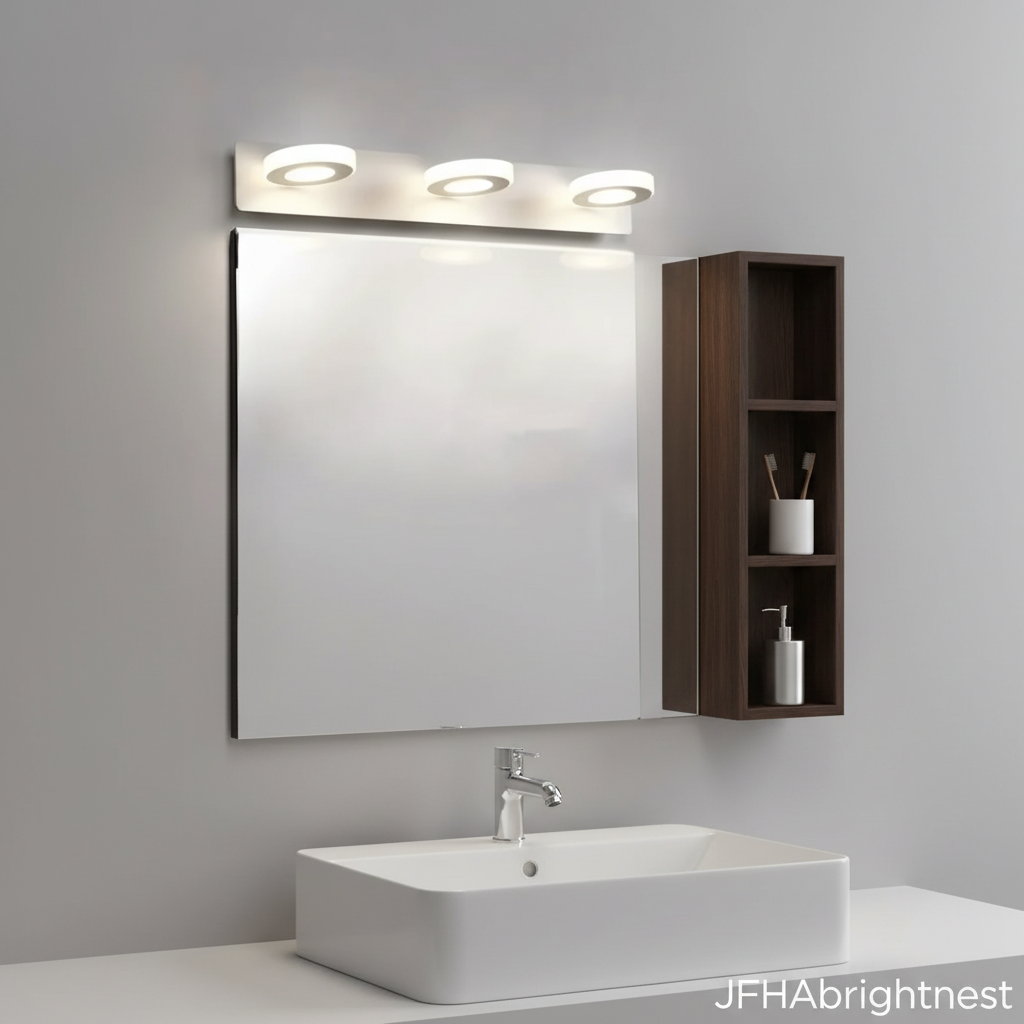 Neutral white bathroom wall light above a mirror and wall-hung basin