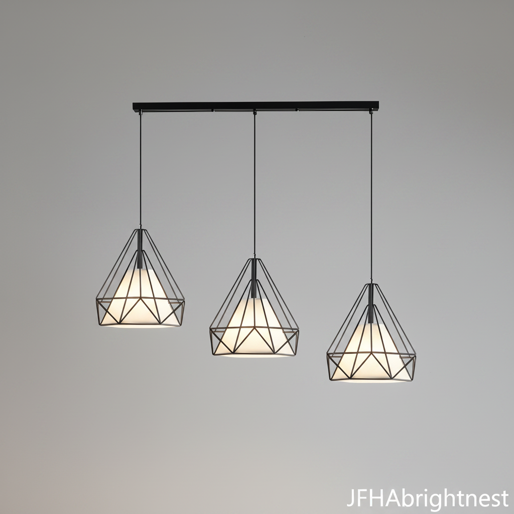 3-light black diamond cage pendant with linear canopy bar on grey background