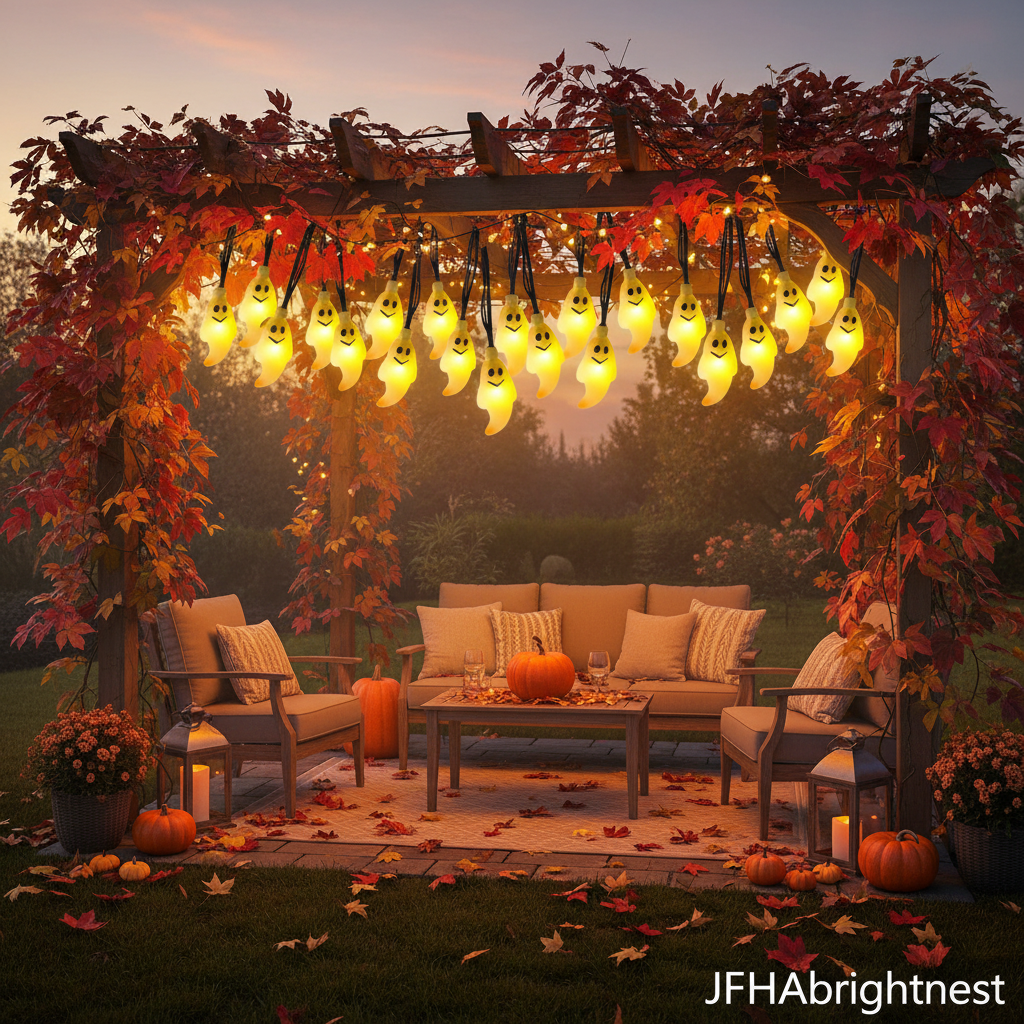 Wisp Halloween ghost solar fairy lights warm white variant hanging over pergola with autumn leaves at dusk with JFHAbrightnest branding
