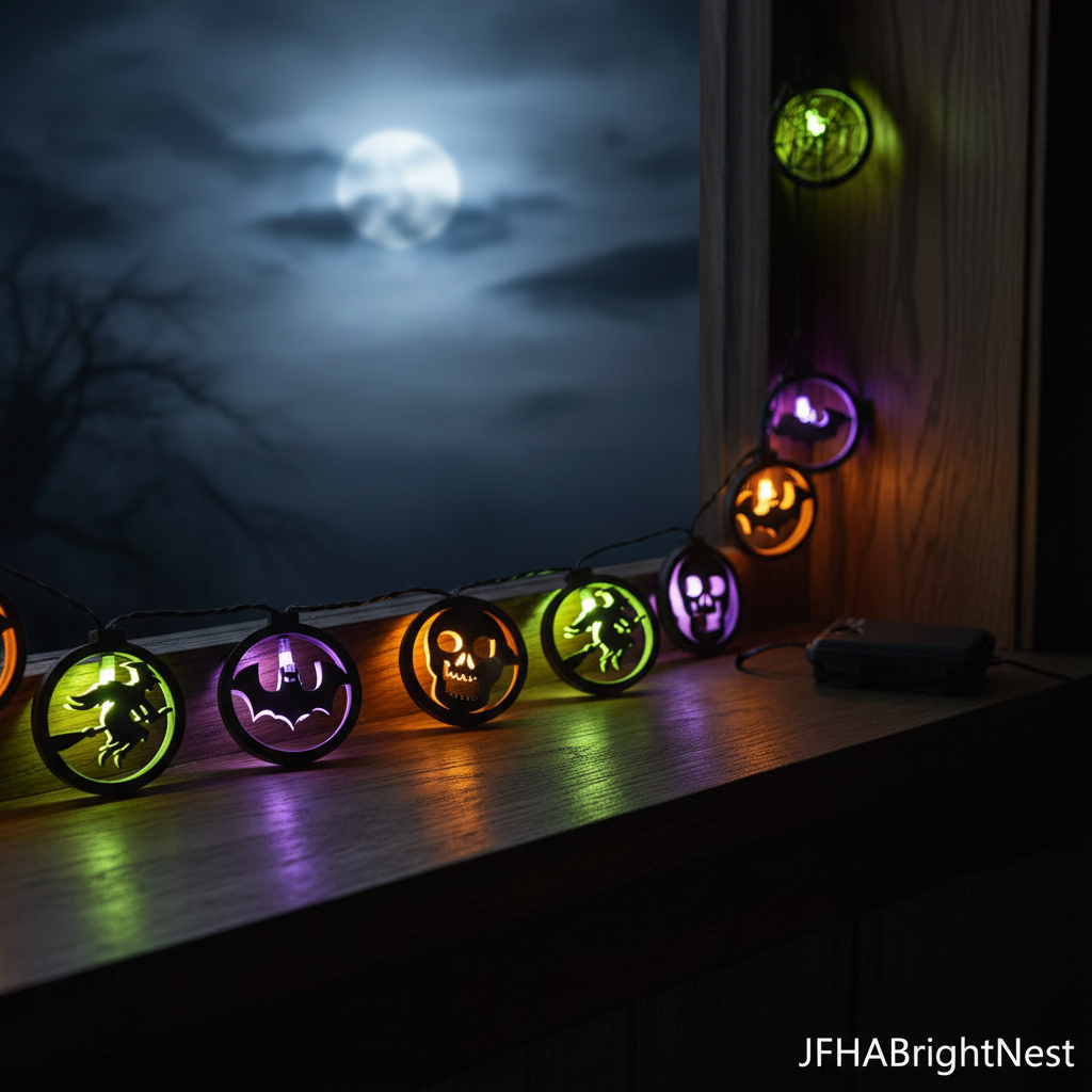 Witch Halloween LED string light with 5 colour-changing multi-colour LEDs on a 3m black cord, windowsill scene – JFHABrightNest