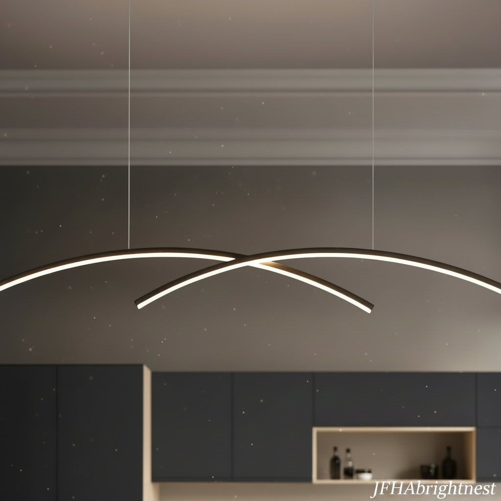 Close-up detail of matte black linear arc pendant light with warm white LED glow