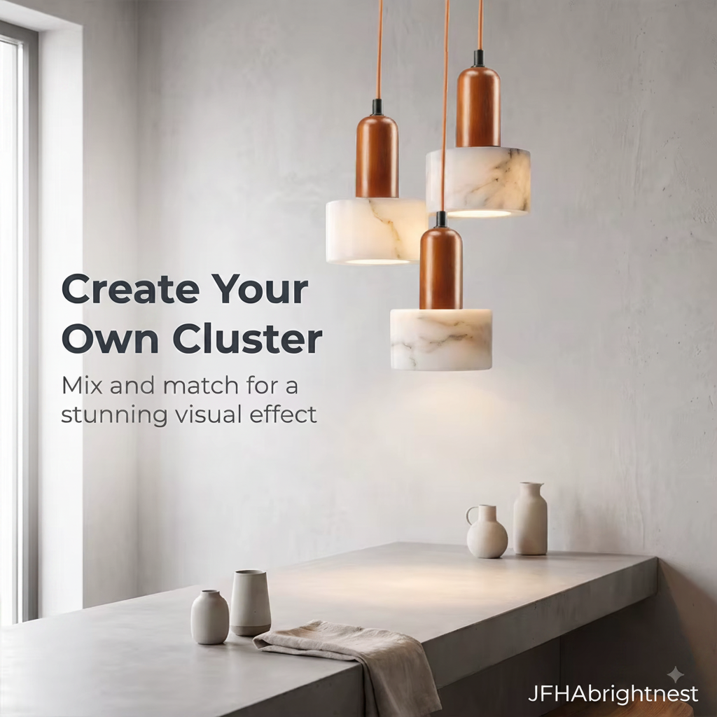 Three marble pendant lights clustered at different heights over a kitchen worktop