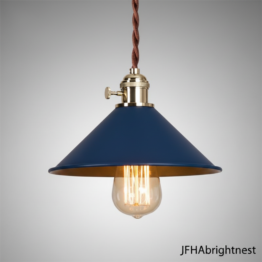 Blue industrial cone pendant light with adjustable rope drop - JFHA BrightNest