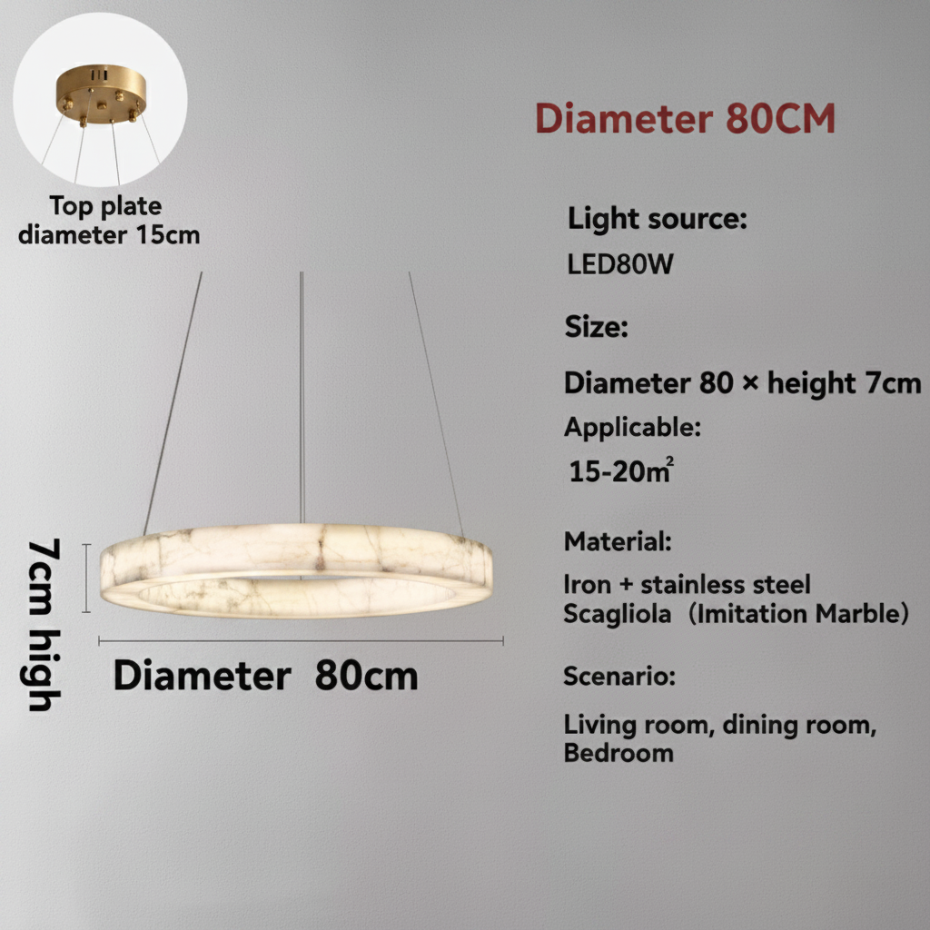 Size diagram: 80cm diameter by 7cm high disc pendant light