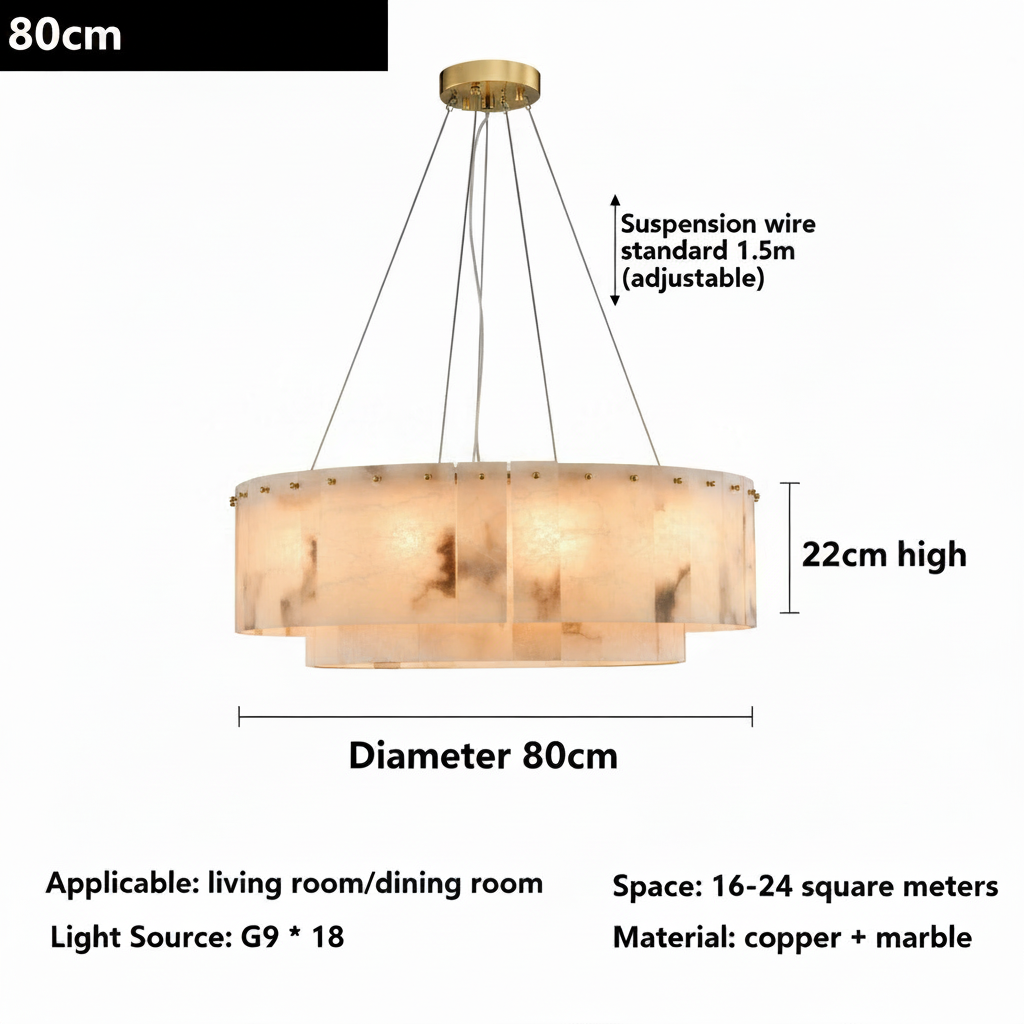 Double layer round alabaster marble chandelier, 80cm diameter and 22cm high, G9 x18, brass and marble