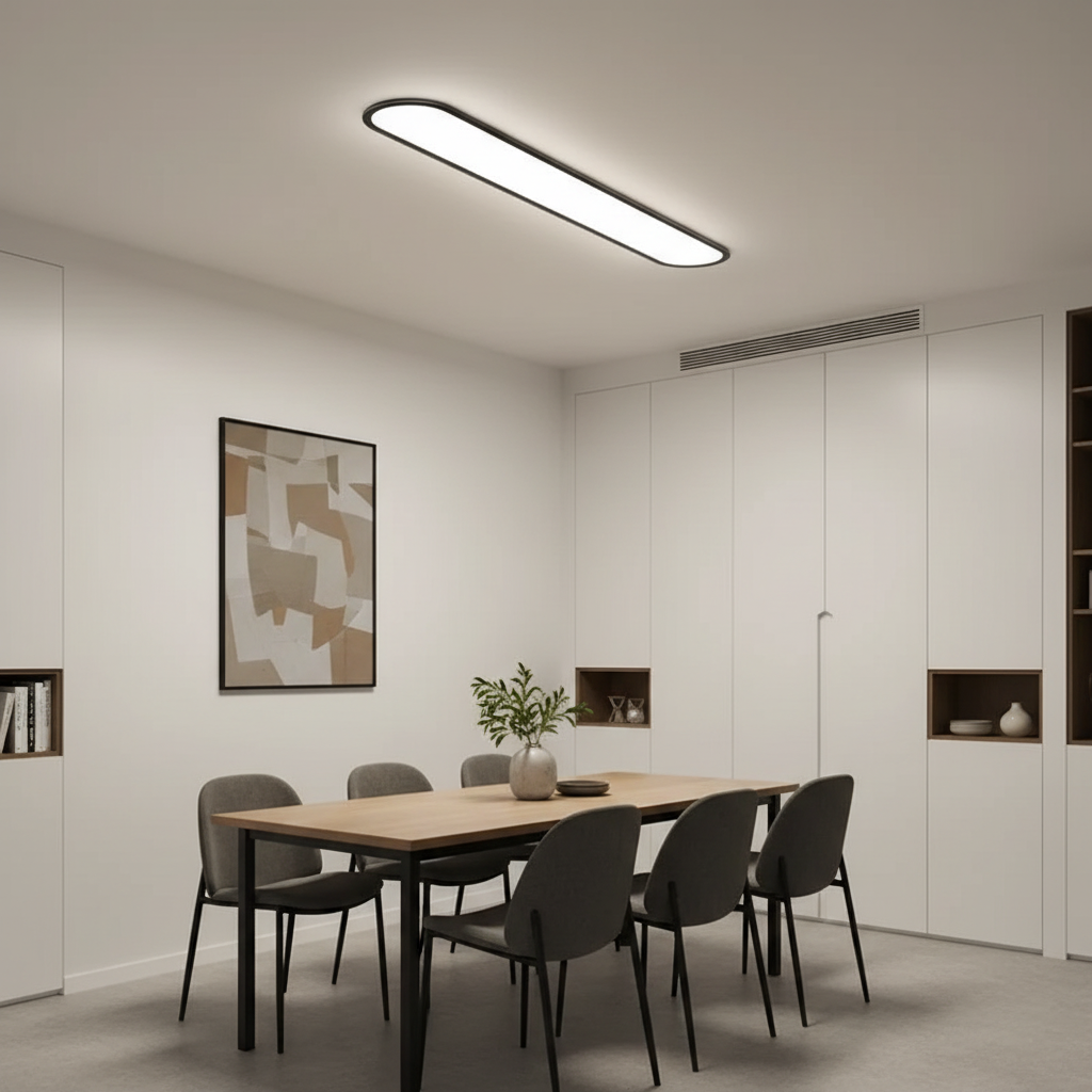 Rilo Oval Ceiling Light black frame above dining table