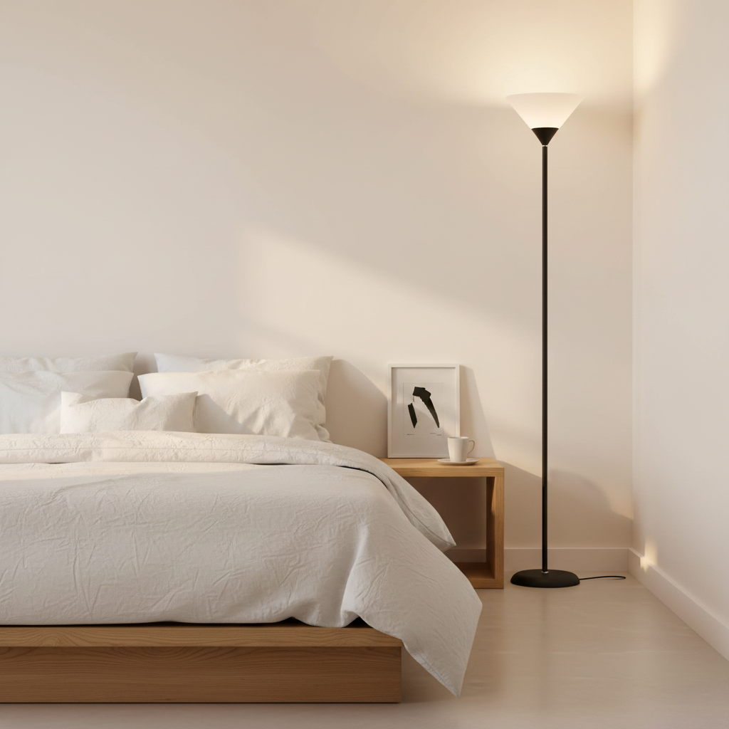 Black Coppa uplighter floor lamp beside a bed in a calm neutral bedroom