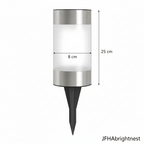 Rowan solar LED garden stake light dimension diagram showing 25cm height and 8cm width with JFHAbrightnest branding