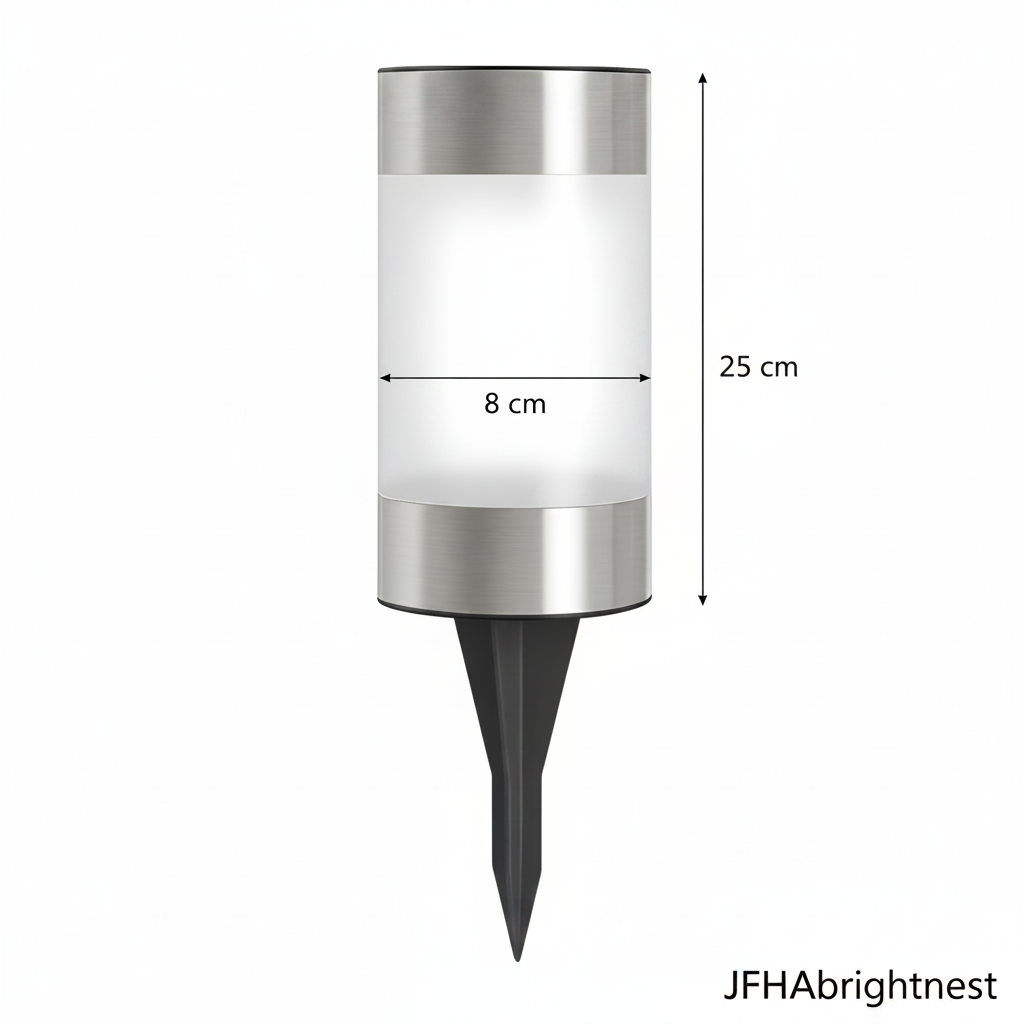 Rowan solar LED garden stake light dimension diagram showing 25cm height and 8cm width with JFHAbrightnest branding