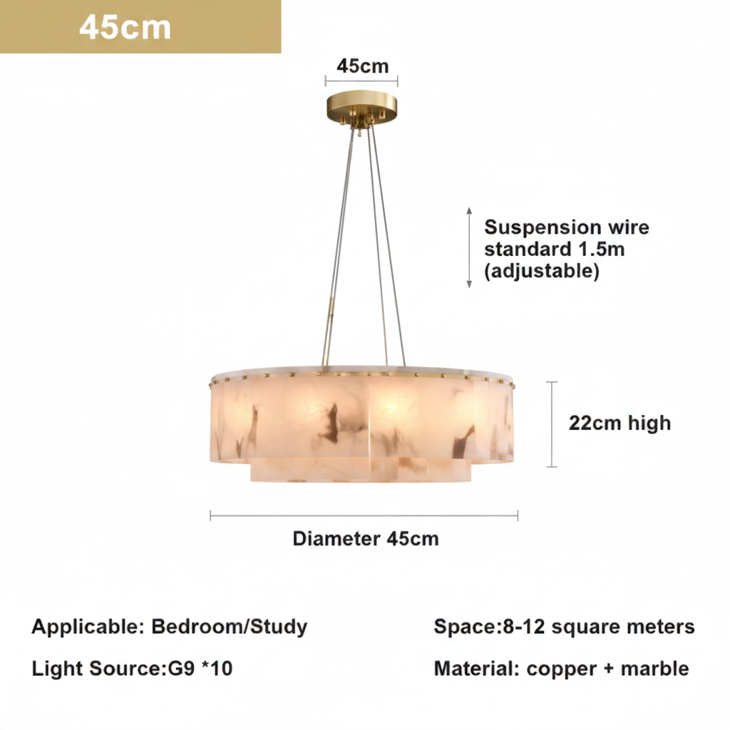 Double layer round alabaster marble chandelier, 45cm diameter and 22cm high, G9 x10, brass and marble