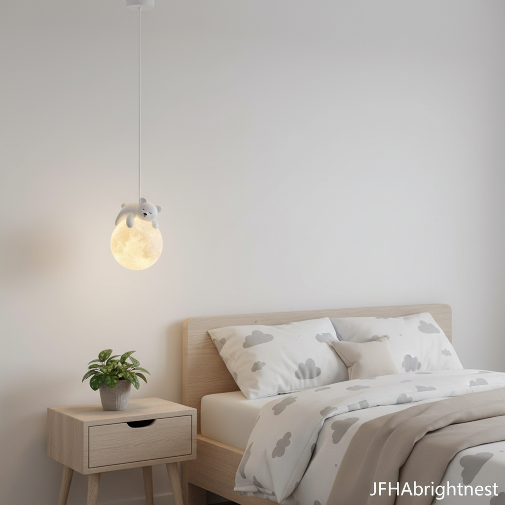 Off-white kids globe pendant light hanging beside child's bed in minimal room