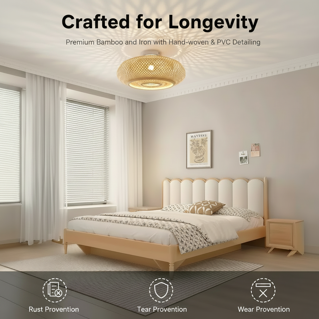 Bamboo ceiling light lighting a neutral bedroom, bamboo and iron build