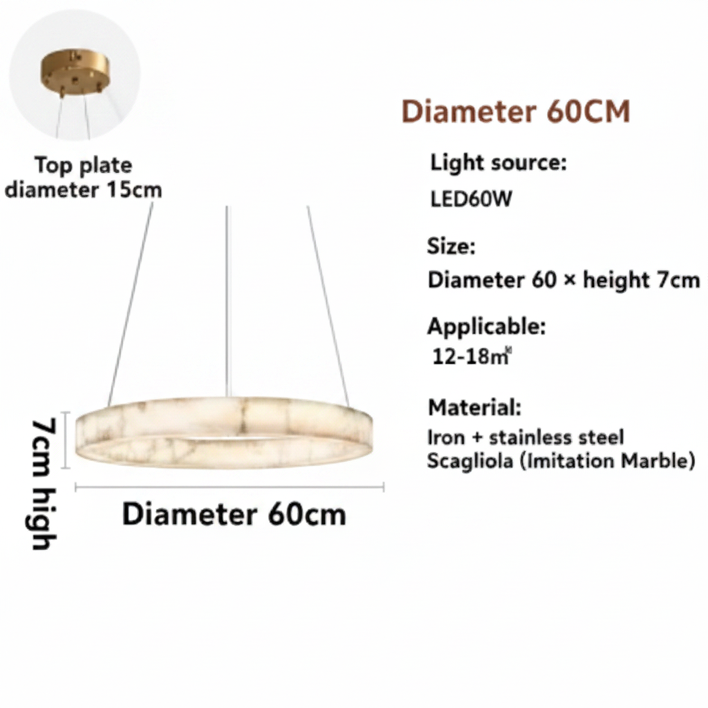 Size diagram: 60cm diameter by 7cm high disc pendant light