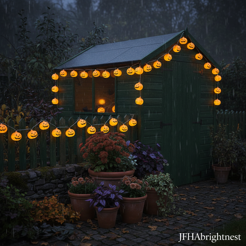 Ribbed lantern pumpkin string lights draped over British garden shed and fence at Halloween night with JFHAbrightnest branding