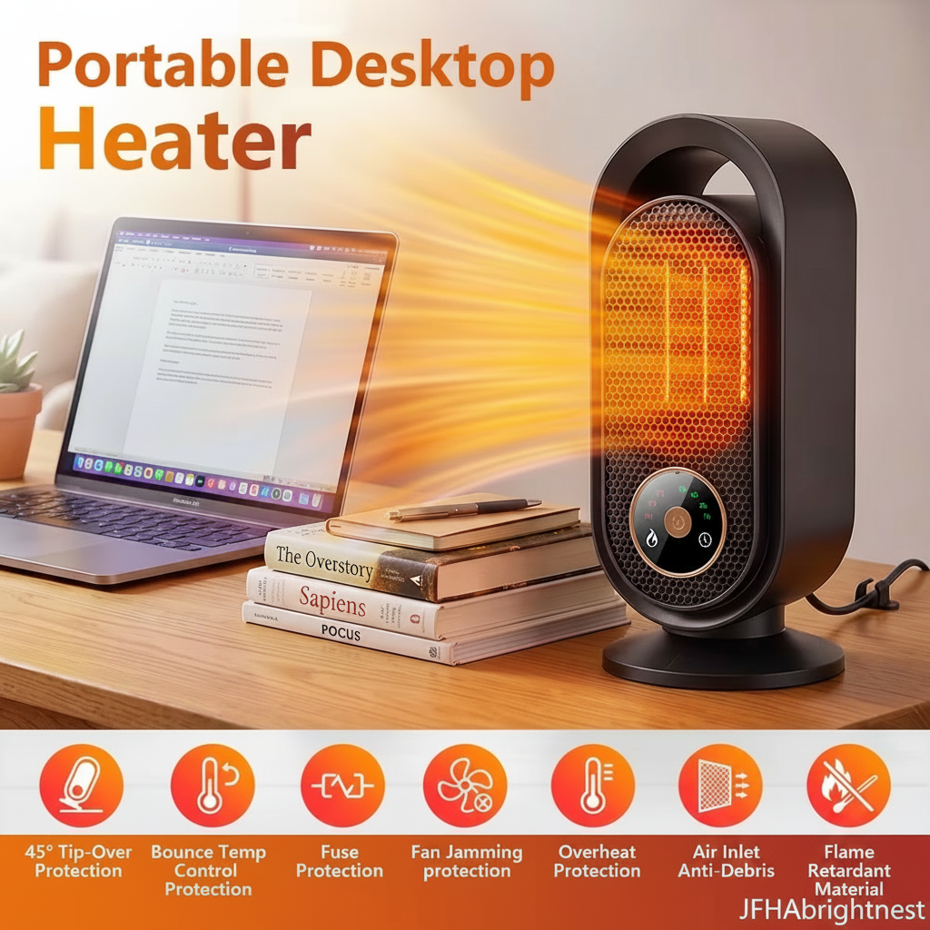 Portable Desktop Heater on office desk with laptop and books, 7 safety protection badges – JFHAbrightnest branding