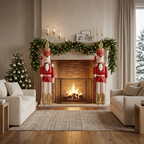 Red 6ft nutcracker decorations beside a fireplace in a festive living room