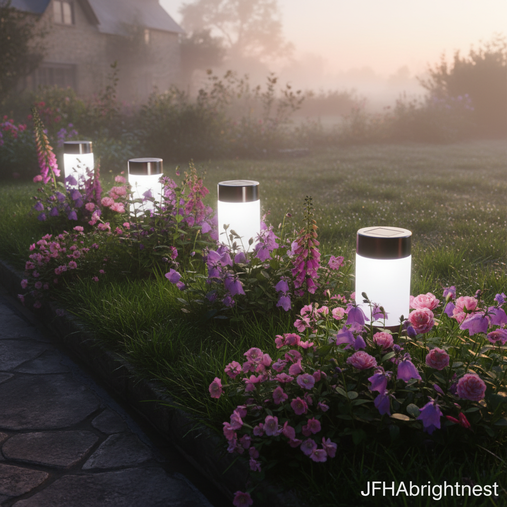 Rowan solar LED garden stake lights in English cottage garden at dawn with JFHAbrightnest branding