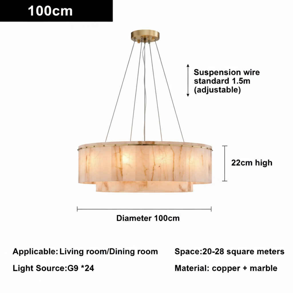 Double layer round alabaster marble chandelier, 100cm diameter and 22cm high, G9 x24, brass and marble