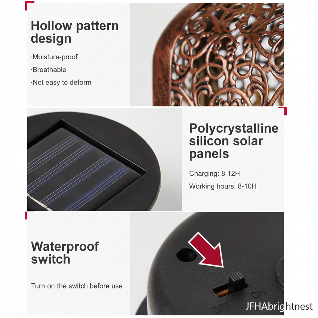 Feature panel: hollow cut-out ironwork, polycrystalline solar panel charging in 8-12 hours for 8-10 hours of light, and the on/off switch on the base