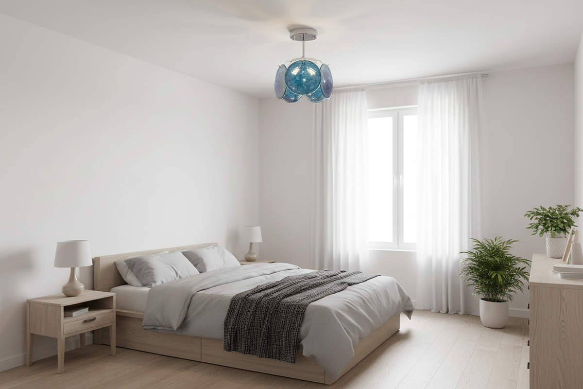 Feyon Blue ceiling lamp in Scandinavian bedroom