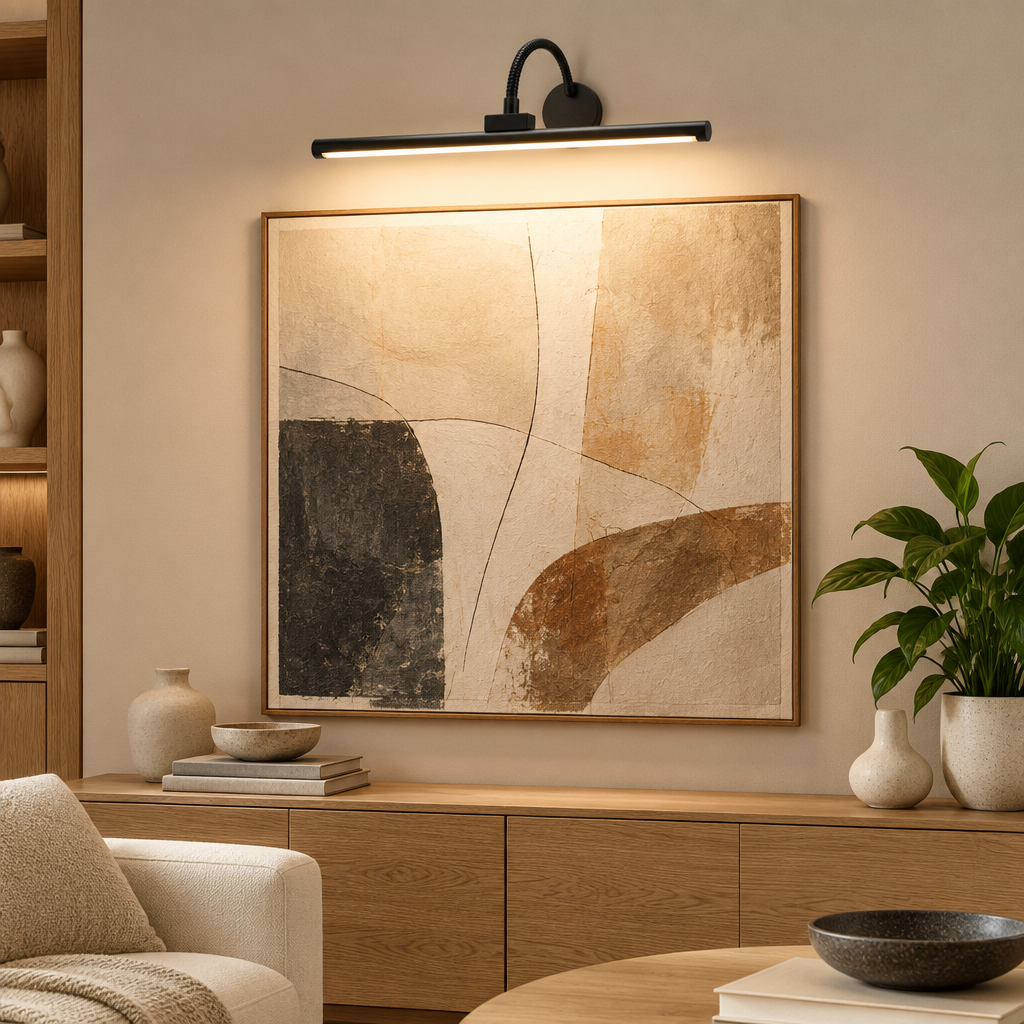 Black wireless picture light lighting abstract artwork above a sideboard in a living room