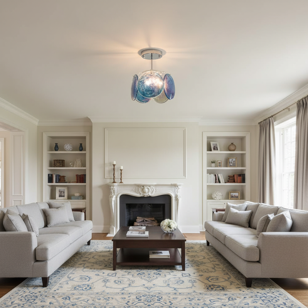 Feyon glass ceiling light lit in a room, casting a soft iridescent glow