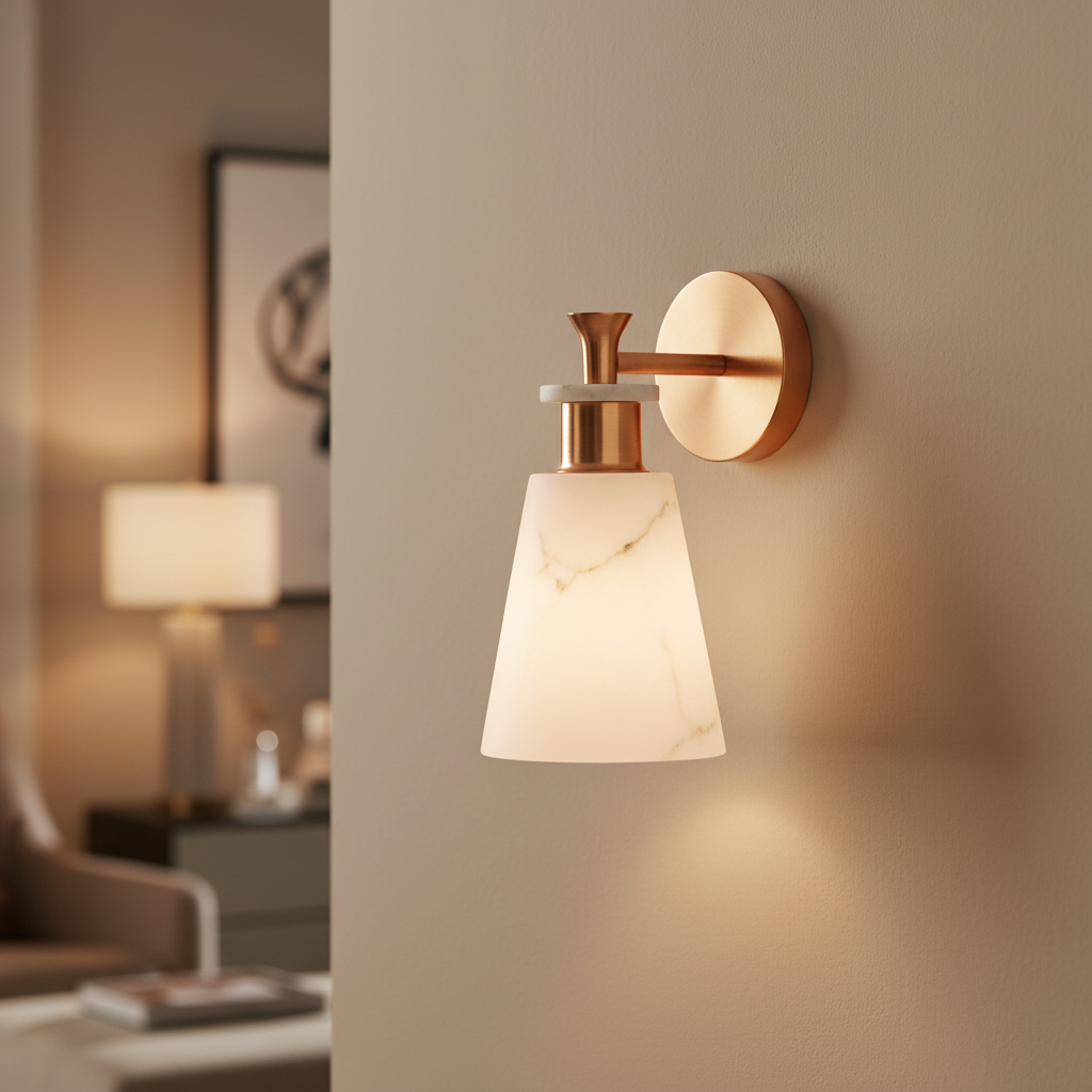 Copper marble wall lamp lighting a living room wall beside a sofa and table lamp